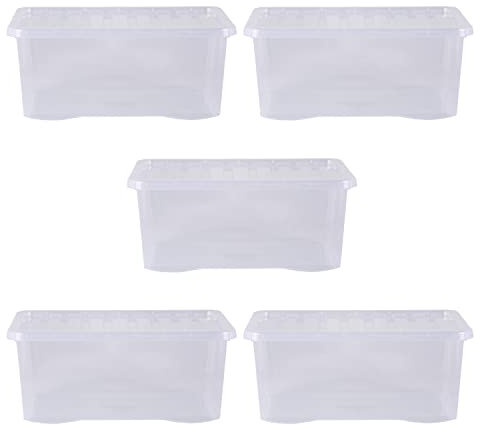 Wham Crystal Plastic Storage Boxes With Lids Home Office Stackable Nestable Container Box, 45L Easy fit Underbed Protective Storage Box, 60 x 40 x 25 cm - Tint Clear (Set of 5)