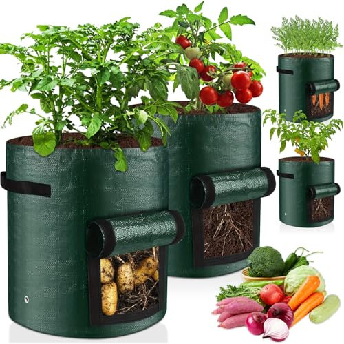 4 Pièces Sac Plantation Pommes Terre avec Fenêtre & Poignées, 10 Gallons Sacs Culture Plantes Respirant, Récipient Plantation Légumes Réutilisables pour Fruits, Fleurs, Tomates, Carottes, Fraises