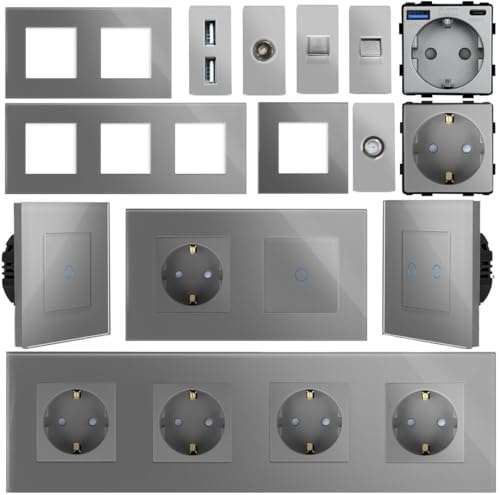 WLAN Touch Lichtschalter Wechselschalter Dimmer Serienschalter Steckdose | LED beleuchtet | Alexa/Google Home kompatibel | Glasrahmen | Grau | LUXUS-TIME (Rahmen 1-Fach)