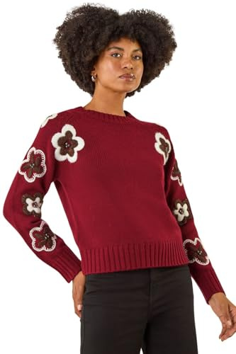 Roman Originals Embellished Crew Neck Knit Jumper for Women UK - Ladies Everyday Autumn Winter Crew Neckline Comfy Soft Evening Vacation Work Party Night Out