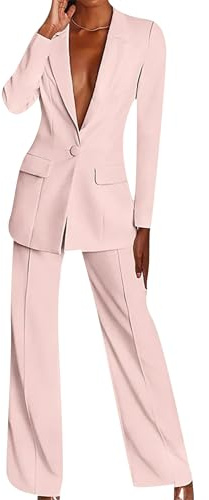 OMZIN Femmes 2 Pièces Business Blazer Set avec Poches Vestes Blazer Casual Et Pantalons Larges Costumes