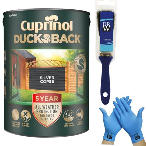 DRW Cuprinol Ducksback Silver Copse Fence Paint 5L | 5‑Year Weatherproof Shed & + Free 4 Inch Fence Paint Brush & Nitrile Gloves – Wax‑Enriched, Non‑Drip, Quick‑Drying & Low‑Odour