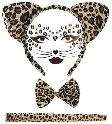 Viechoes Leopard Kostüm Set,leo kostüm damen,leoparden ohren haarreif,Fliege mit Leopardenmuster,Leopardenschwanz,Leopard Gesicht Kunst Aufkleber,für Kostüm Party Dekoration Zubehör