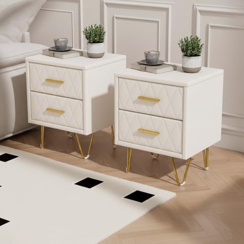 BestAlice Nachttisch 2er Set, kommode Gepolstert Mit 2 Schubladen, Beistelltisch Couch mit Goldenen Metallbeinen Und Griffen, Modern Nachtkommode Beistelltisch Für Wohnzimmer Schlafzimmer PU Beige