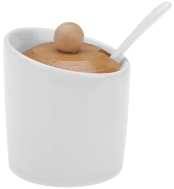 Pullmer Zuckerdose aus Keramik mit Deckel aus Bambusholz und einem Zuckerlöffel, Zuckerbehälter(Bona Weiß)