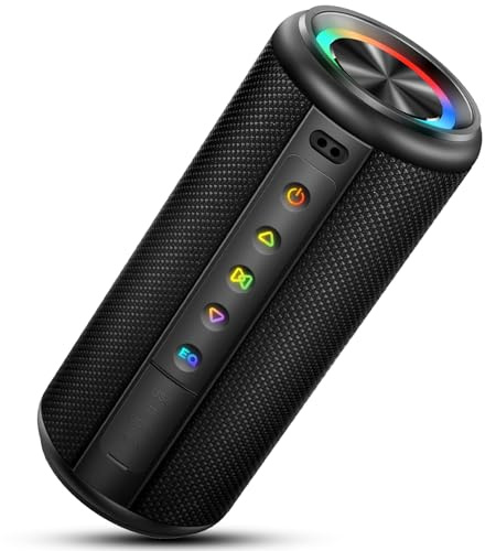 Altavoz Bluetooth Potente 5.4, 15W Pequeño Portatil Altavoz Bluetooth, Luces LED de Colores Inteligentes, 360° Sonido Estéreo TWS, 12H de Reproducción, Impermeable IPX7, para Exterior/Viajes/Fiestas