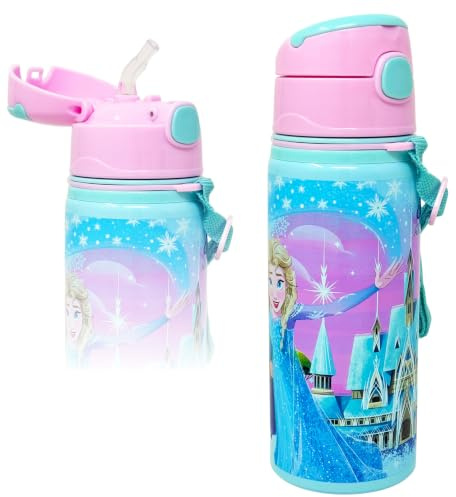 Clondo Borraccia per Bambini 3-10 Anni 600ml in Alluminio con Cannuccia e Tracolla | Bottiglia d'Acqua Anti-Goccia Asilo e Scuola | Idea Regalo con Targhetta Nome | Vari Personaggi (Frozen Rosa)