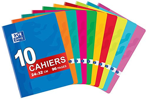OXFORD Classique Lot de 10 Cahiers Agrafés Grands Formats 24 x 32cm 96 Pages Petits Carreaux 5 x 5mm Couleurs Assorties