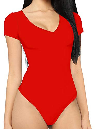 MANGDIUP bodysuit for women Short Sleeve V-Neck Casual Stretchy Basic T Shirt Bodysuit, Red, Medium