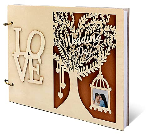 RunFar shop Gästebuch Hochzeit Holz Hochzeitsgästebuch Geburstag, Jubiläum personalisiert Hochzeitsbuch Hardcover mit Spitzen 28 x 21 cm als Geschenk zur Taufe Babyparty Konfirmation, 40 Seiten