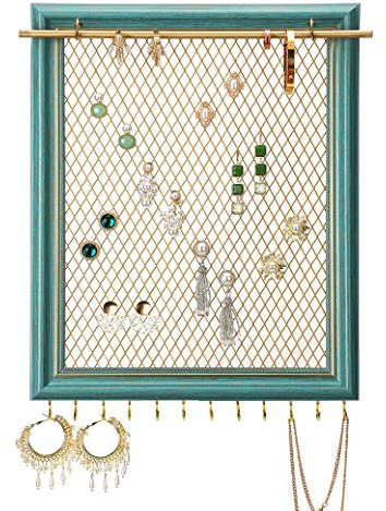 Heesch Hanging Earring Organizer Frame Wall Mounted Jewelry Holder Vintage Rustic Stud Earring Display with Removable Rod and 12 Hooks for Necklaces, Bracelets and Rings (Teal)