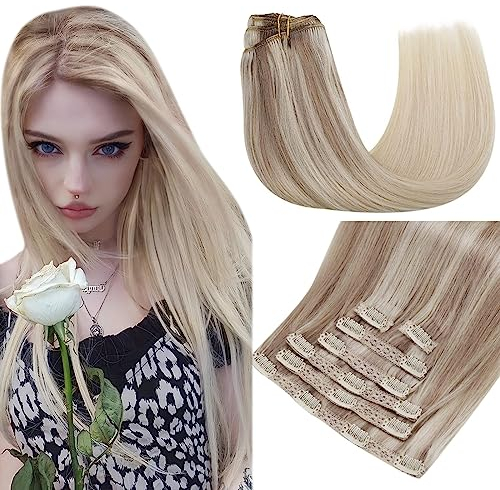 RUNATURE Clip in Extensions Echthaar Balayage 45cm Blond Ombre Platinblond Remy Haarverlängerung 120g 7Pcs #18/22/60