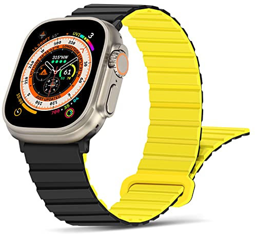 Tasikar Cinturini Compatibile con Cinturino Apple Watch 49mm 46mm 45mm 44mm 42mm, Cinturino Loop Magnetico Silicone [Indossabile Due Lati] per iWatch Ultra Series 10 9 8 7 6 5 4 3 2 SE (Nero-giallo)
