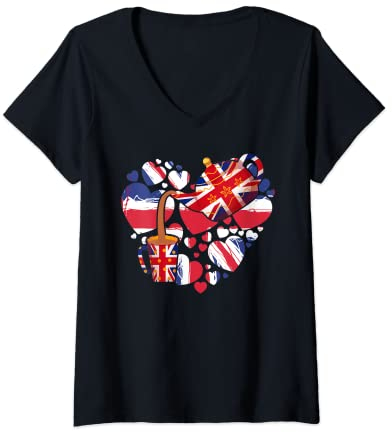 Womens Union Jack Teapot & Teacup Idea For Kids & British Expats V-Neck T-Shirt