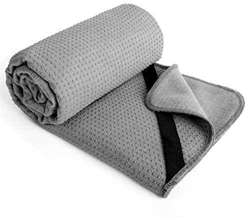Polyte - Yoga Handtuch aus Mikrofaser mit Rutschfester Silikon Unterfläche und Elastischen Bändern, für Hot Yoga, 61 x 183 cm (Grau)