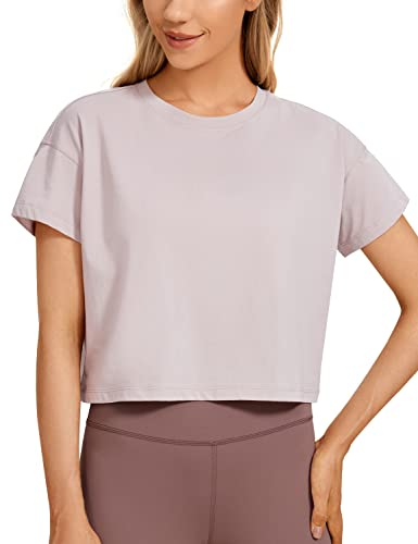 CRZ YOGA Damen Kurzarm Sport Tshirt Loose Baumwolle Fitness Crop Top Sommer Gym Workout Cropped Oberteile Rauchiges Erröten 38