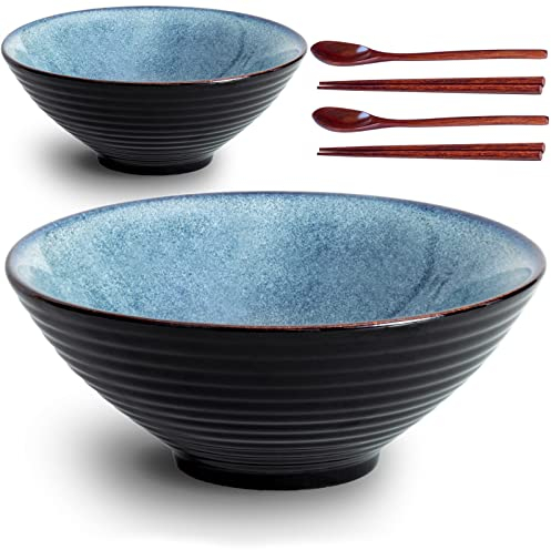 Auanlay 22,9 cm große Ramenschüssel aus Keramik, 2er-Set, Porzellan, 1,7 l, japanischer Udon Soba Pho, asiatische Suppen-Nudelschalen mit Essstäbchen und Löffeln