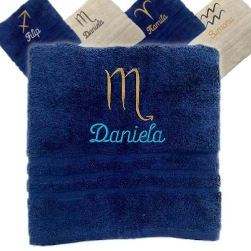 Pet-Jos Handtuch mit Namen und Sternzeichen, Personalisiertes Geschenk, Besticktes Handtuch Geschenkhandtuch 50x100 cm (Dunkelblau, Skorpion)