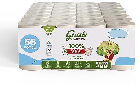 Grazie Natural, Carta Igienica EcoNatural, 56 Rotoli, Carta Igienica Riciclata Fiberpack 100% Ecologica, Rispetta l'Ambiente, Certificata Ecolabel e FSC Recycled, Made in Italy
