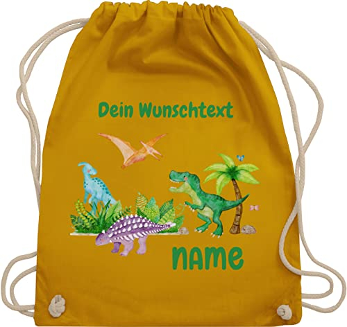 Turnbeutel Rucksack - Tiere - Dino Dinos Dinosaurier - Unisize - Senfgelb - dinosaurier-rucksack personalisierte kindergarten beutel tier name stoffbeutel kinder wäschebeutel kita tieren