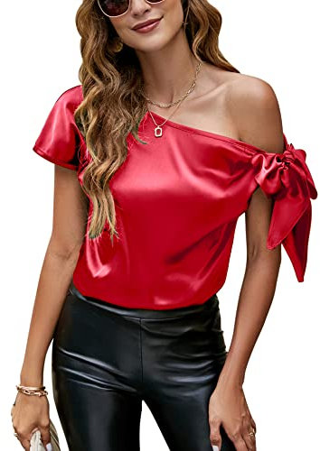 VIDUSSA Womens Off Shoulder Silk Satin Tops Short Sleeve Casual Dressy Tunic Blouse Shirts Red M