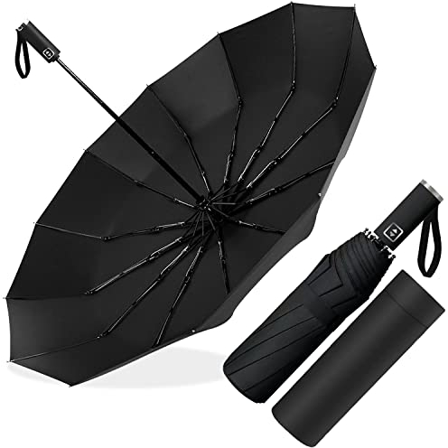 Poligono Parapluie Pliant Automatique, Grand Parapluie 12 Baleines pour Homme Femme, Anti Vent, Diamètre 105 cm (Noir)
