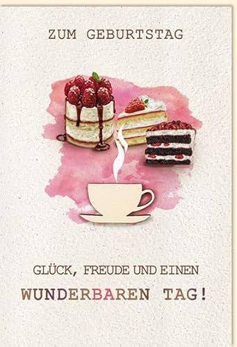 KE - Exklusive Geburtstagskarte mit Holzdetail, Inklusive Umschlag, DIN B6 - Perfekt für besondere Anlässe, Motiv: Kuchen