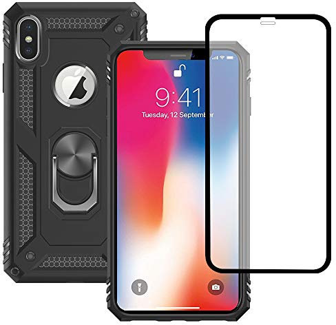 Jihucase for iphone X Case, iphone Xs Phone Case with HD Screen Protector, Military Grade Ring Shockproof Protective Phone Case for iphone X/Xs,Black