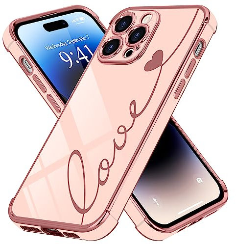 LCHULLE Compatible with iPhone 14 Pro Max Case for Women Girls,Cute Luxury Plating Love Heart Design Soft TPU Cover Shockproof Full Camera Lens Protection Phone Case for iPhone 14 Pro Max,Pink