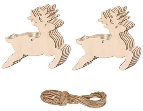 10 Pieces Christmas Tree Decorations, Xmas Wood Slices Hanging Ornaments Set DIY Christmas Wooden Baubles Hanging Tags Ornaments for Party Christmas Tree Decor, Deer