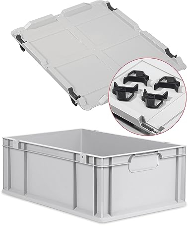 Eurobox NextGen Economy 60x40x22cm Griffe geschlossen mit Auflagedeckel grau, Kunststoffbox 44 Liter stapelbar Transportbehälter lebensmittelecht, Deckel-Verschlüsse wählbar (Verschlüsse Schwarz)