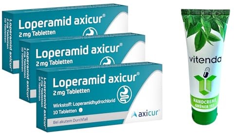 Loperamid Axicur 2mg 3x10 Tabletten incl. einer Handcreme von vitenda - schnelle Hilfe bei akutem Durchfall mit dem bewährten Wirkstoff Loperamidhydrochlorid, ideal für die Reiseapotheke