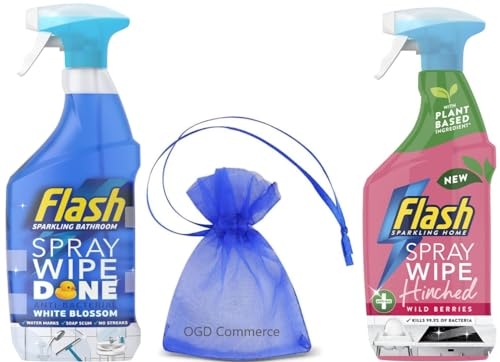 Flash Bathroom, Antibacterial Cleaning Spray, 800ml, White Blossom & Flash Antibacterial Multi-Surface Spray, 800ml, Wild Berries Scent + for You: Organza Small