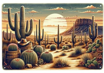 Metall-Blechschild mit goldenem Wüsten-Sonnenuntergang, majestätischer Kaktus, warme westliche Landschaft, Wandkunst für rustikale Heimdekoration, 14 x 20,3 cm