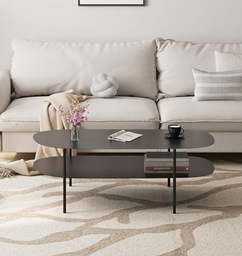 Hallowood Furniture Bewdley - Mesa auxiliar ovalada moderna con parte superior de placa de acero y estante, mesas ocasionales con elegante marco de metal, elegante centro de mesa para sala de estar