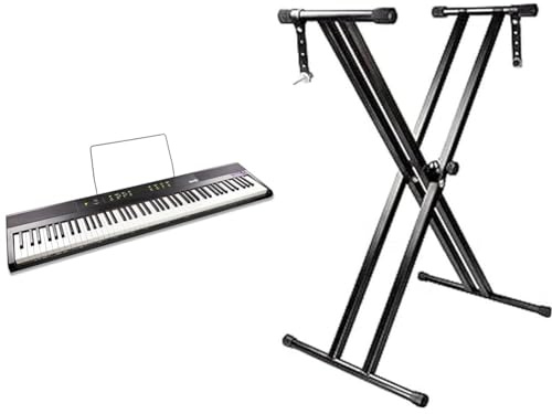 RockJam 88 Key Digital Piano with Full Size Semi-Weighted Keys, Power Supply, Sheet Music Stand & Simply Piano Lessons & RJX29 Double Braced Adjustable Keyboard Stand with Locking Straps, Black