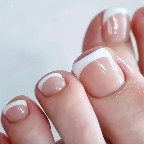 24 Pièces Faux Ongles pour Orteil D'été Français Bordure Blanc Faux Ongles D'Orteil Couverture Complète Ongles Conseils Pied Ongles, 12 Tailles False Toe Nails pour Femmes et Filles Nail Art