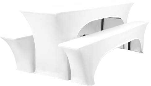 3er-Set Biertischhussen, 220 x 50 x 70 cm, hussen bierzeltgarnitur, weiß, Stretch-Bezüge für Biertisch- und Bankgarnituren, Bierbankhussen, Spandex-Bierzeltgarnitur für Bankett, Gartenmöbel-Bezüge