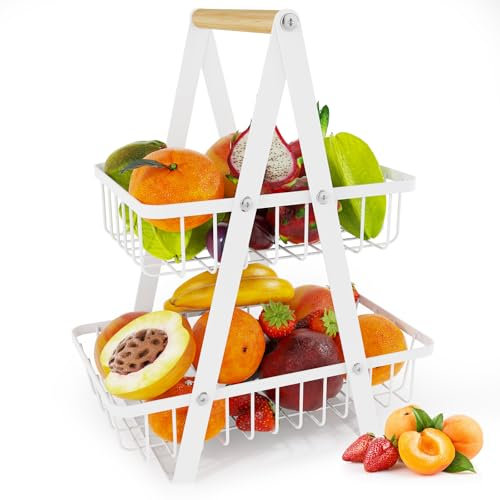 Cisivis Obstkorb, abnehmbarer Obstkorb, 2-stöckige Obstschale aus Metall für Brot, Gemüse, Snacks, fruit basket zur Aufbewahrung in der Küche - Weiß