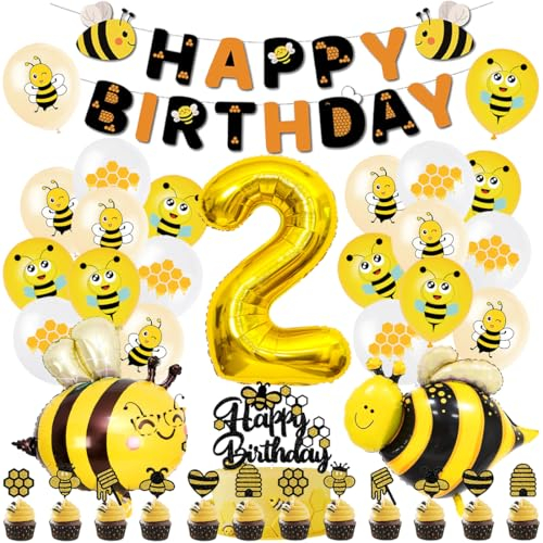 Biene Geburtstag Deko Set, Deko 2. Geburtstag Biene Folienballons, Biene Luftballon mit Happy Birthday Girlande, Tortendeko Geburtstag Bienen, Bee Balloon für 2 Jahre Geburtstagsdeko
