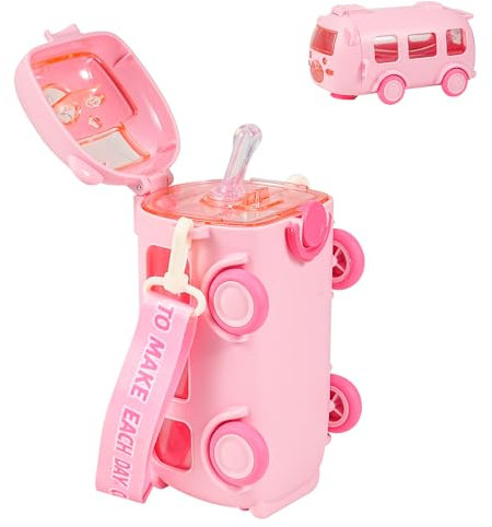 Toddler Drinking Bottle with Straw - 500ml Leakproof Kids Bus Water Bottles, Cars Water Bottle with Adjustable Strap, Children Friendly Girls Boys, Home/school/Travel Use Personal 0604-Pink