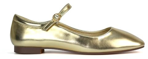 Womens Mary Jane Ballet Shoes Ladies Flats Buckle Strap Square Toe Gold Metallic Dolly Pumps Size 5