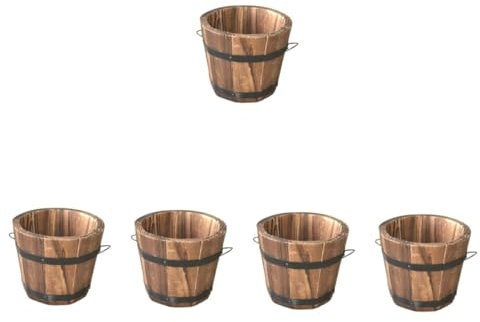 POPETPOP 5pcs Wooden Beer Barrel Planter Rustic Garden Flower Pot Half Barrel Planter Handles for Indoor Outdoor Decor