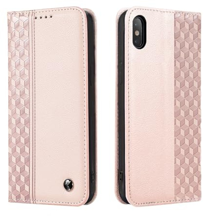 TOHULLE for iPhone XS Max Case, Premium Premium PU Leather Wallet Case Card Holder Kickstand Built-in Magnetic Closure Plaid Pattern Flip Folio Phone Cover for iPhone XS Max - Rose Gold
