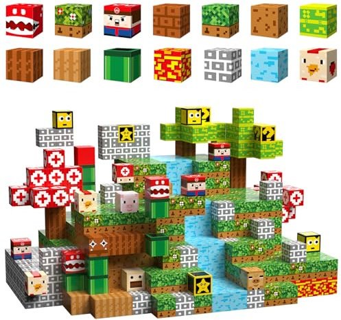 Pwtuuki Magnetische Bausteine Baue Magnet Holzfäller Abenteuer Welt, Magnetic Blocks Bauspielzeug Kreativität Spielzeug Geschenk für Kinder ab 3 4 5 6 8 10 Jahren Jungen und Mädchen