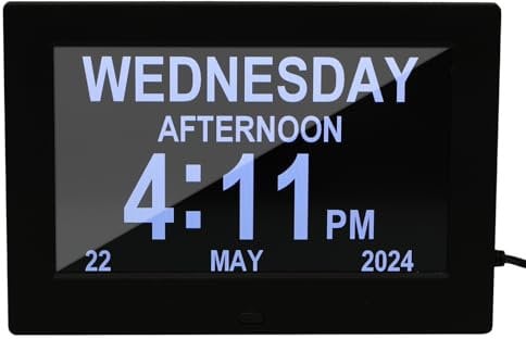 ALLOMN Große Digitale Tages Kalenderuhr, 7 Zoll Demenz Uhr mit Tag und Datum für ältere Menschen, Alzheimer-Uhr mit 12 Alarmoptionen für Senioren, Sehbehinderte, Gedächtnisverlust (Schwarz)
