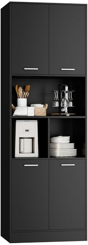 FirFurd 180.5cm Tall Bookcase Black Bookshelf with 4 Doors Living Room Bookcases Free Standing Storage Cupboard for Home Office 180.5x60x40cm