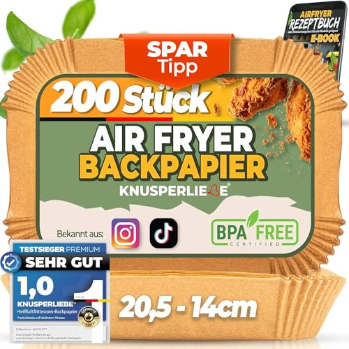 KNUSPERLIEBE® Backpapier für Heißluftfritteuse mit Doppelkammer, 200 Stück 20,5-14cm Rechteckig, Airfryer Papier Liners kompatibel mit Ninja Dual/Double Stack, und Anderen Dual Zone Air Fryer