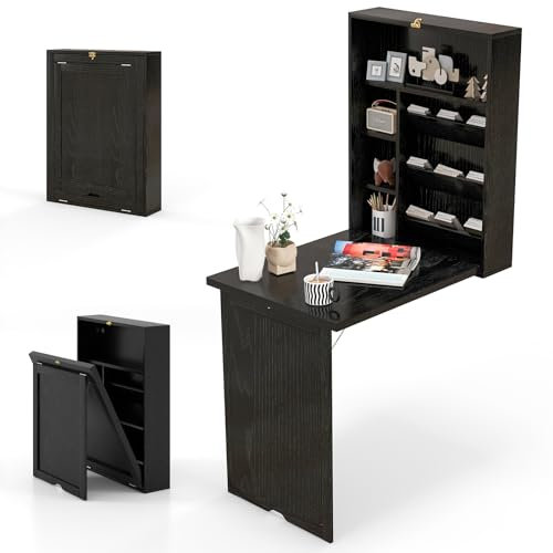 COSTWAY Wandklapptisch mit Stauraum, klappbarer Wandtisch, platzsparender Wand Klapptisch, Schreibtisch Esstisch für Esszimmer Wohnzimmer Küche (Schwarz)