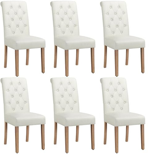 Yaheetech 6pcs Sillas de Comedor Silla de Polipiel con Pata de Madera para Salón Comedor Cocina Restaurante 45.5x62x98.5 cm Beige-Poliéster/6 Sillas